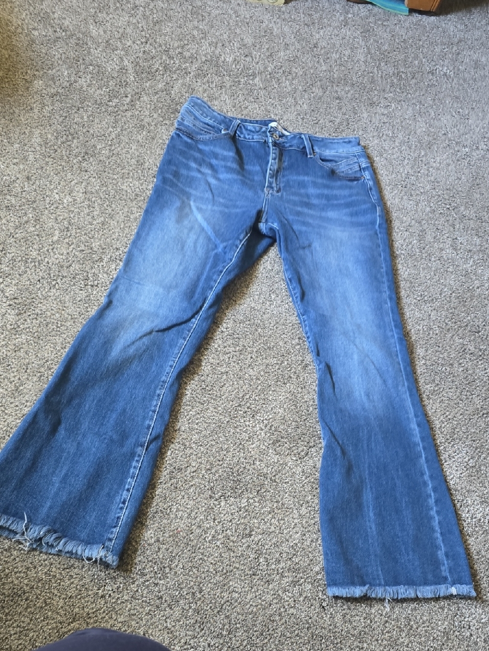 KanCan Women's Mid Blue Flare Jeans with Raw Hem